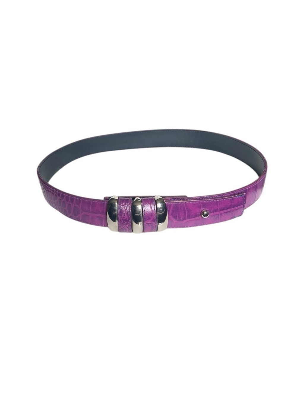 Omega Medium Purple Reptile Thin Leather Belt Statement Silver Buckle Hardware